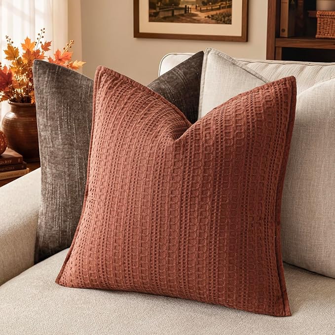 Foindtower Set of 2 Decorative Cotton Waffle Weave Throw Pillow Cover Euro Shams Cushion Covers Accent European Pillowcase For Bed Couch Sofa Bedroom Living Room Home Decor 20×20 Inch Fall Rust Orange