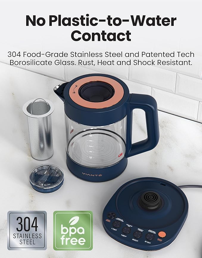 Viante Alba Electric Tea Kettle with Infuser, No Plastic In Contact With Water, 1.5L Borosilicate Glass, 304 Stainless Steel, 4 Temp Presets, Keep Warm, Cordless, Auto Shut-Off, Midnight Blue