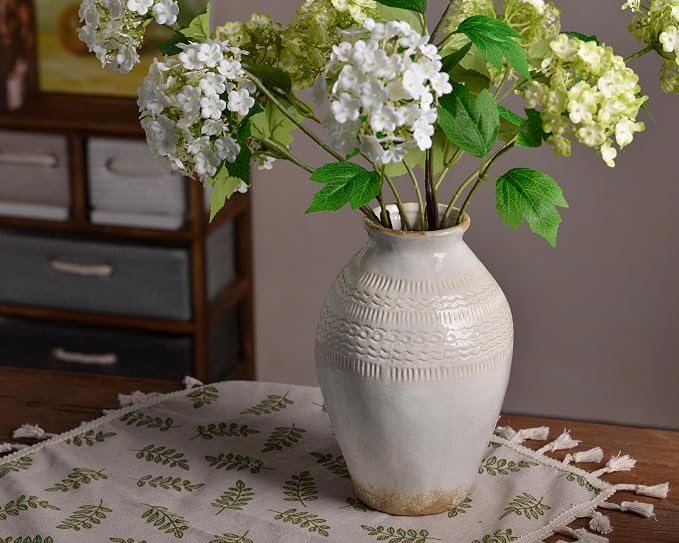 9.3 Inch Ceramic Rustic Flower Vase, White Boho Framhouse Vases Home Decor