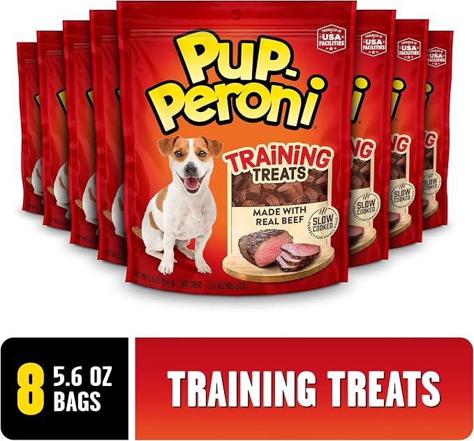 Pup-Peroni Dog Training Treats Made With Real Beef, 8 Bags (5.6 Oz. Each) | Slow cooked 2.5+ hours for a tender texture & rich, meaty taste. 24% protein. No fillers. No Red 40.