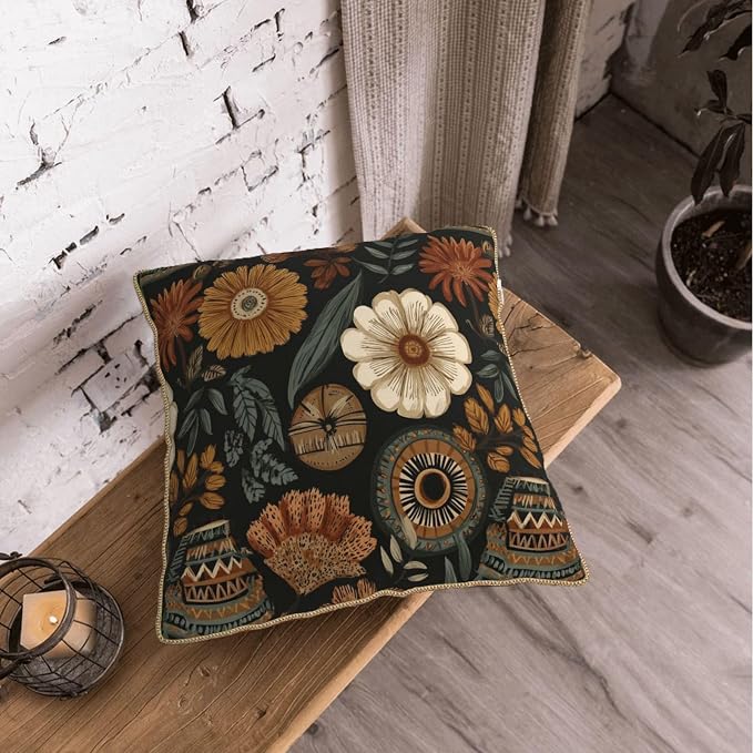 Vintage Boho Flower Velvet Pillow Covers 20x20 Inch Brown Green Retro Floral Throw Pillows for Couch Cushion Covers PillowcaseBohemian Farmhouse Pillow Cases for Sofa Bed Living Room