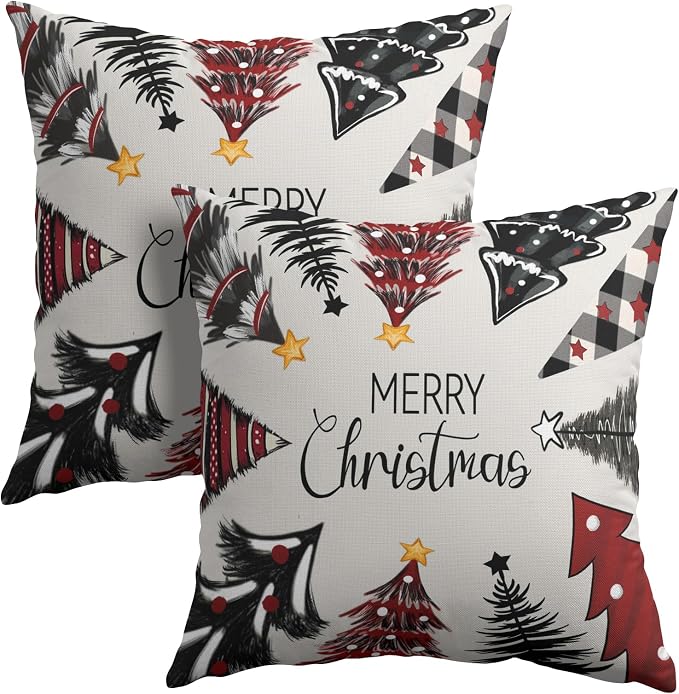 Kawani Christmas Trees Throw Pillow Covers Set of 2, 22x22 Inch Farmhouse Xmas Black Red Pine Tree Winter Square Pillowcase Linen Cushion Case for Bed Couch Indoor Outdoor Home Decor