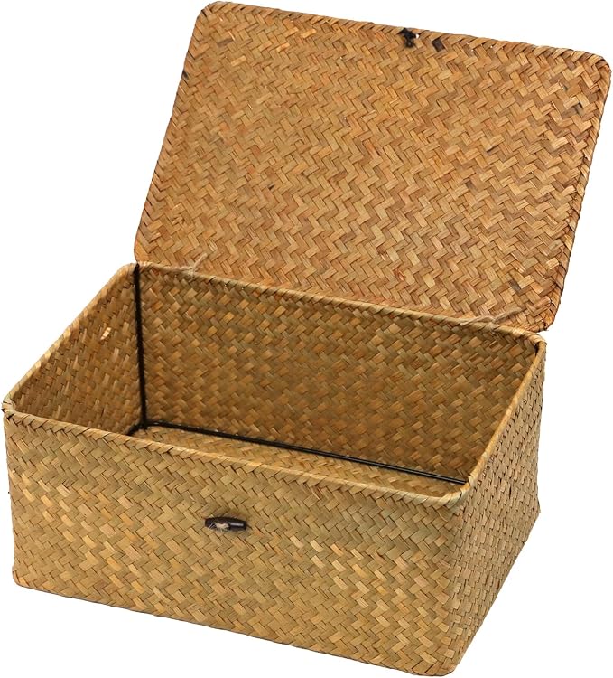 Seagrass Wicker Storage Basket with Lid, Large, Natural | Large Storage Box, Shelf Organizer, Rectangular Woven Bin, Multipurpose Home Storage, Natural Decor, 13 x 8.66 x 6.1