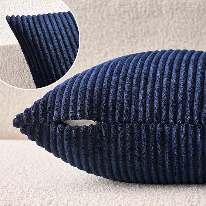 MIULEE Decorative Corduroy Throw Pillow Covers Set of 2 20x20 Dark Blue | Soft Striped Textured Cushion Cases, Boho Coastal Square Pillowcases for Home Decor, for Couch Chair Sofa Bed Living Room