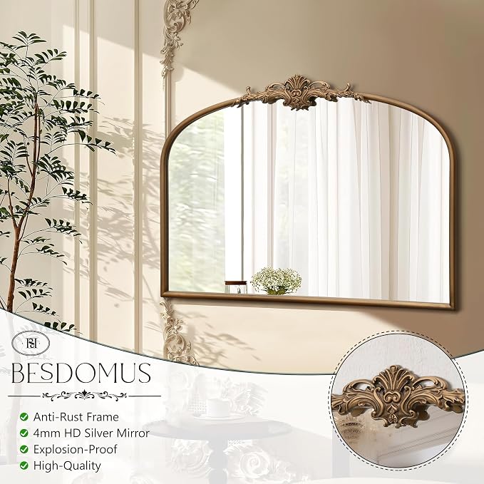 Besdomus Antique Gold Wall Mirror: 32"x24" French Brass Decorative Mirrors | Vintage Baroque Ornate Arched Metal Framed for Mantel/Hallway/Bathroom Vanity/Bedroom - Ideal Gifts for Anniversary/Birthday