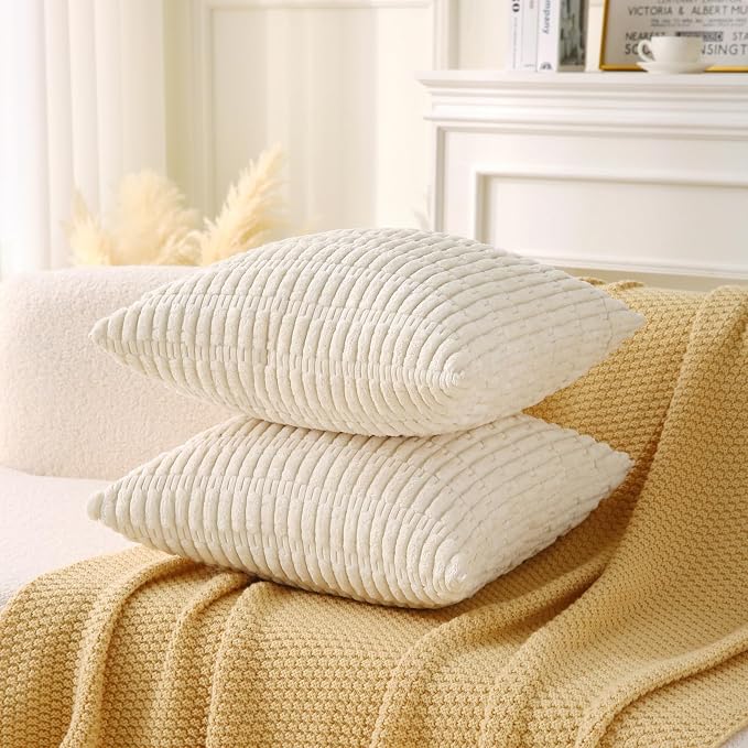2 Pack Corduroy Decorative Throw Pillow with Inserts, 20x20 Inch Soft Boho Throw Pillow, Square Striped Throw Pillows for Couch, Bed, Sofa Decor (Beige)