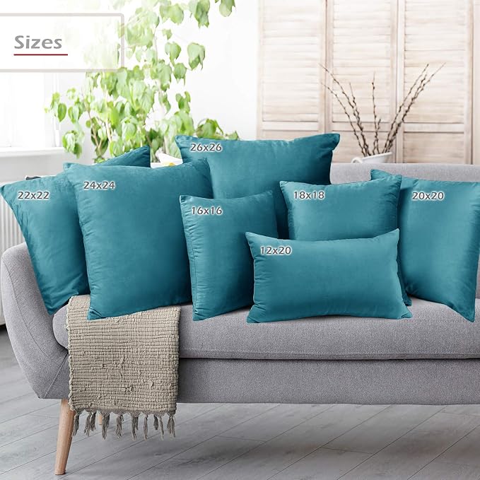 Nestl Throw Pillow Inserts Pack of 2 with Velvet Soft Solid Decorative Square Throw Pillow Covers Set for Sofa Couch Car Bedroom, 26X26 Throw Pillows Inserts with 24x24 Washable Cushion Covers, Teal