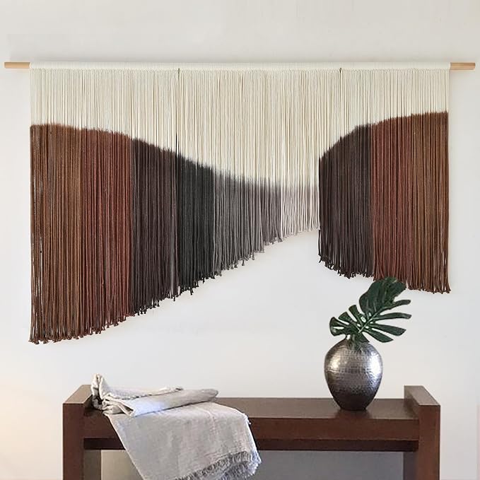 Jakalin Macrame Wall Hanging Brown Geometric Fiber Art Living Room 33" x57" | Geometric Dip-dyed Macrame Wall Art With Rich Brown-red Tones, Boho Texture, Artisan Character, and Home Style.