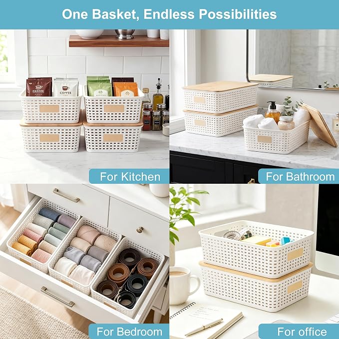 4 Pack Plastic Storage Bins with Bamboo Lids, 6.2qt Stackable Storage Organizer Box with Lable for Pantry Shelves Drawers Desktop Office, 12"L x 8.3"W x 3.5"H, Cream White
