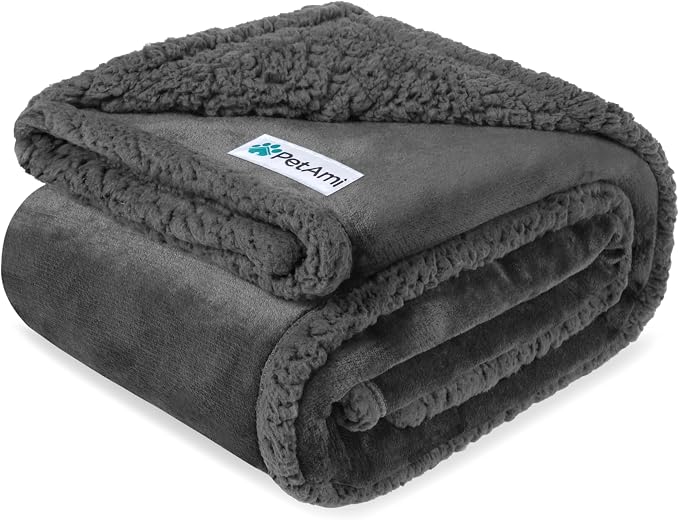 PetAmi Waterproof Dog Blanket for Large Dog Pet, 90x90 Queen, Dark Grey | 460 GSM Sherpa Fleece Reversible, Pee Proof Cat Blanket, Furniture Protector Cover for Bed Sofa Kennel, Washable, Queen Size
