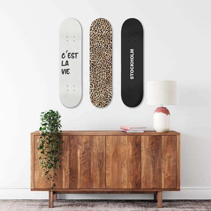 TwoDays Stockholm Style Skateboard Wall Decor - Modern Wall Mount Art Set for Men's Apartment & Dorm, Cool Cheetah Print Skate Deck, Trendy Skater Room Design (Set of 3)