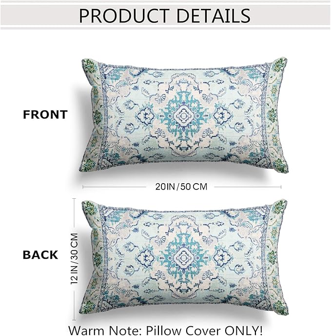 Snycler Boho Throw Pillow Covers 12x20 inch Set of 2 Teal Blue Boho Rug Carpet Double Sided Pattern Cotton Soft Pillow Case Cushion Cover Pillowcase for Couch Sofa Bed Decorative