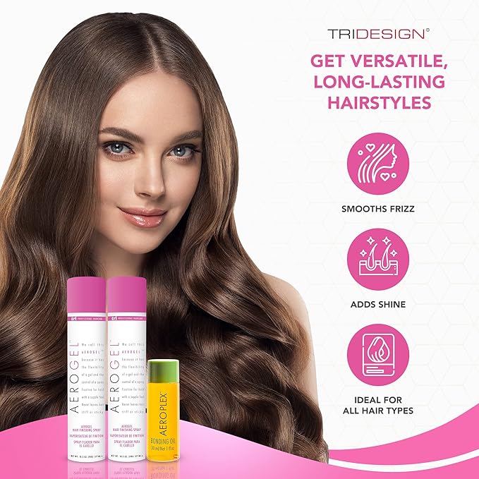 TRIDESIGN Aerogel Hairspray & Aeroplex Bonding Oil Bundle - Hair Finishing Spray for Volumizing, Control, Repair & Prevent Breakage for Dry, Damaged & Frizzy Hair - Pack of 3 (10.5 Oz & 1 Oz)