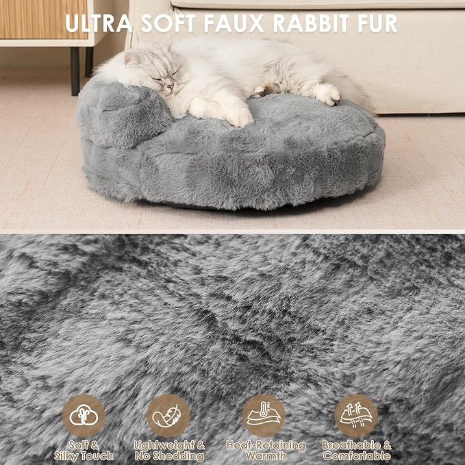 EHEYCIGA Soft Cat Couch Bed for Indoor Cats, Fluffy Extra Small Dog Bed with Removable Washable Cover, Bolster Pet Sofa, Waterproof and Non-Slip, 20" x 20"x 6.5", Grey
