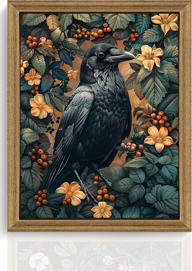 ICHZUMW Framed William Morris Raven Dark Academia Canvas Wall Art 8x10 In | Gothic Dark Cottagecore Crow Painting, Moody Floral Wall Decor for Bedroom Living Room Bathroom Office, Ready to Hang