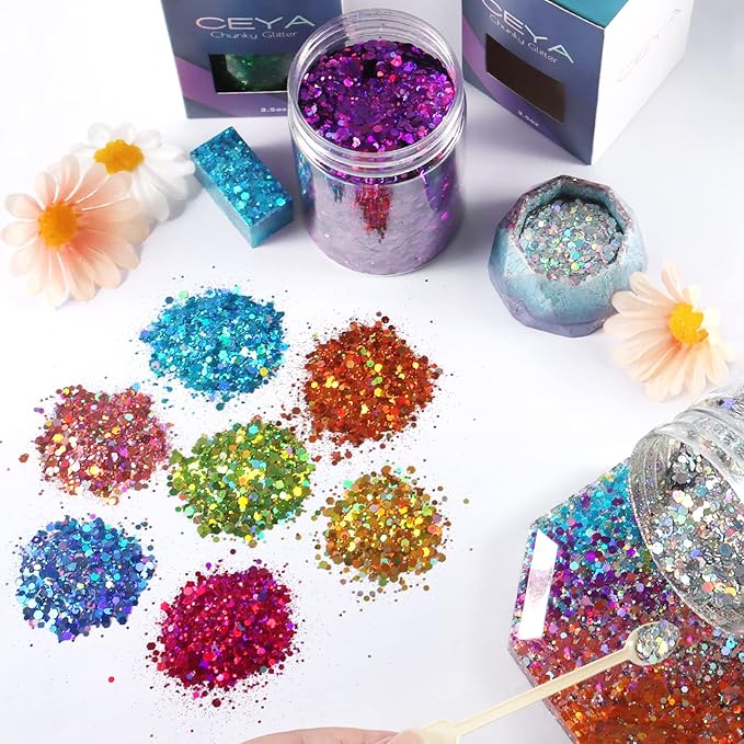 Ceya Holographic Chunky Glitter, 4.9oz/ 140g Green Craft Glitter Powder Mixed Chunky & Fine Flakes Iridescent Nail Sequins for St Patricks Day Party Decor, Epoxy Resin, Tumblers, Slime, Painting