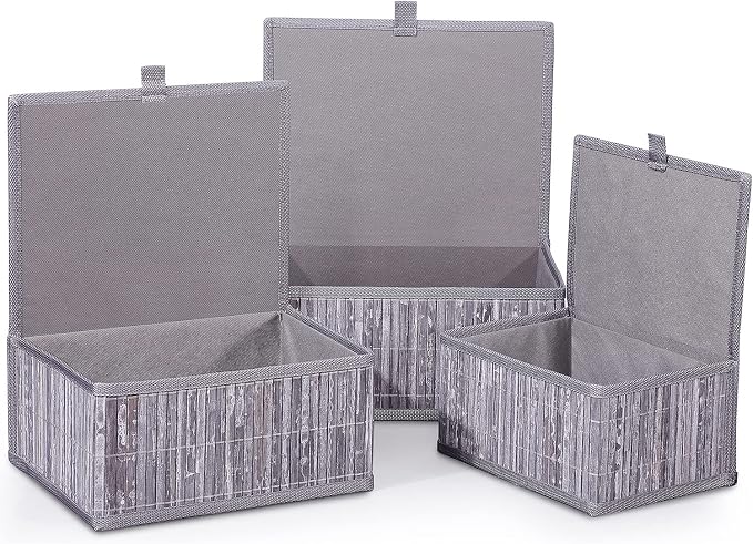 Honygebia Bamboo Decorative Storage Boxes - Set of 3 Woven Lined Storage Basket with Lids, Grey Marble Wicker Lidded Baskets for Home Kitchen Shelf Organizer Decor
