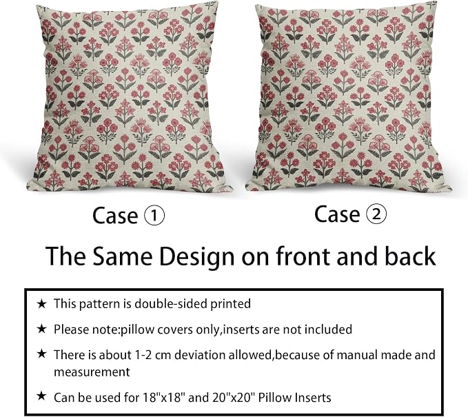 Black Red Floral Pillow Covers 24x24 Inch Set of 2, Vintage Flower Block Print Decorative Throw Pillowcases Outdoor Farmhouse Cushion Covers Spring Summer Rustic Decoration Sofa Couch Bed Decor