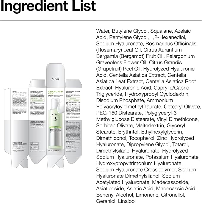 Anua Azelaic Acid CICA Skin Soothing Moisturizer, Lightweight & Redness Relief, for Acne Prone Skin, Fragrance Free, Korean Skincare, 3.38 fl oz