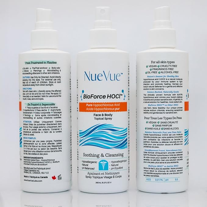BioForce Pure Hypochlorous Acid Spray for Face & Body - Made in Canada - Gentle Skin Cleanser & Toner, Acne-Prone Skin, Eczema, Piercing aftercare, pH Balanced, Alcohol-Free, NueVue (2-Pack x 8.2oz)