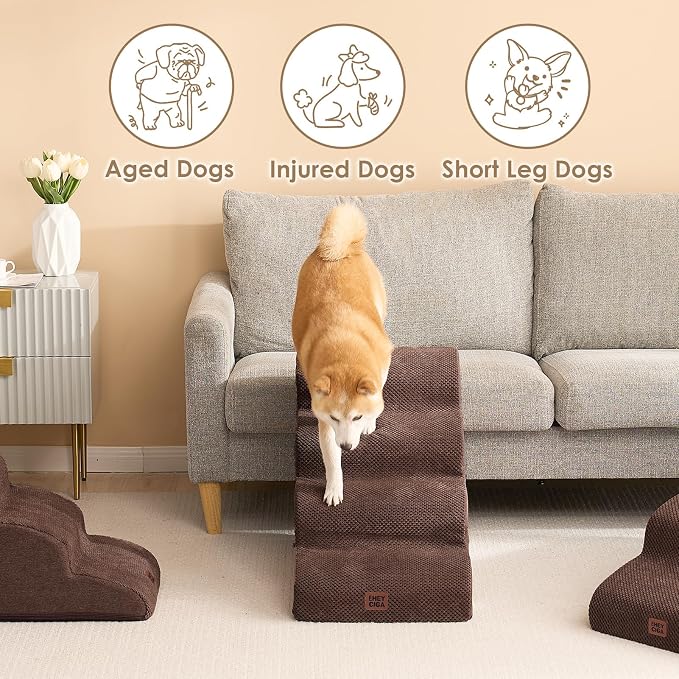 EHEYCIGA Curved Dog Stairs Ramp, 4-Step High Beds, 19.7" H Pet Step | 33D density of pure foam, for Small Dogs and Cats, Pet Stairs for High Bed Climbing, Non-Slip Balanced Indoor, Brown
