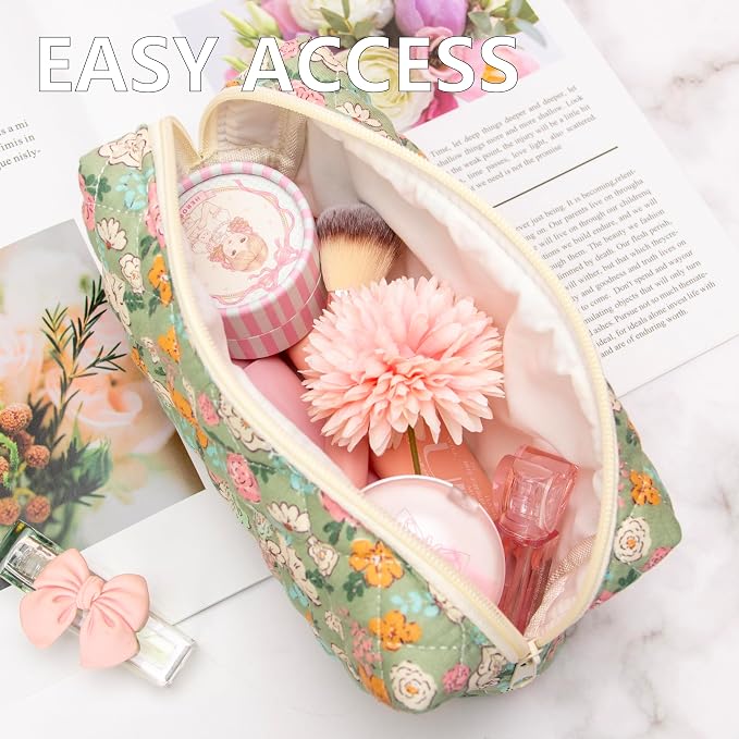 PAZIMIIK Small Quilted Makeup Bag,Zipper Cosmetic Pouch,Green Floral | Lightweight Cosmetic Bag Organizer for Women,Purse Storage Holds Makeup,Toiletries,Skincare,Beauty Essentials,Travel Items