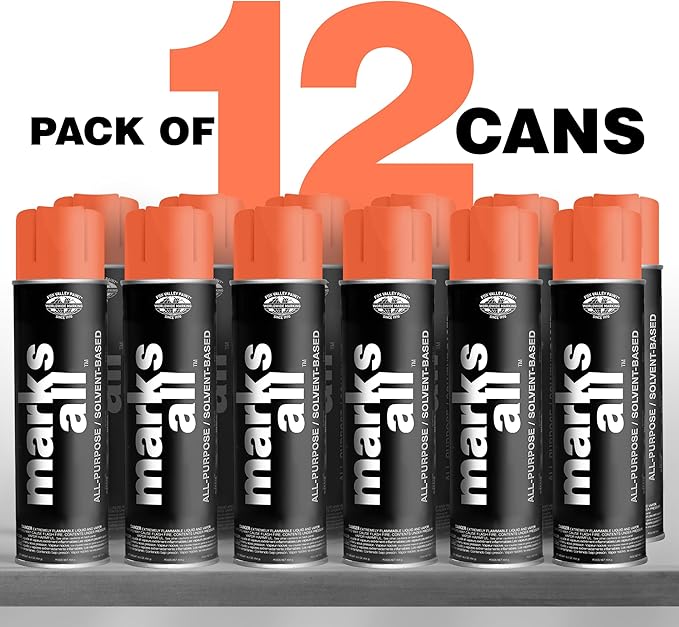 Fox Valley 18oz Marks All Solvent-Based Marking Paint Spray, 12-Pack Orange Fluorescent – Long-Lasting, Weather-Resistant Spray Paint for Wet or Dry Surfaces Like Metal, Grass, Concrete, Wood, & More