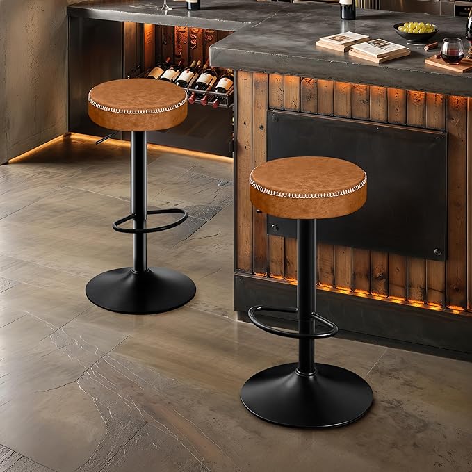 Tall Bar Stools Set of 2 Modern Microfiber Leather Bar Height Stools with Round Seat 360° Swivel Backless Counter Stools Adjustable Barstools for Kitchen Island Pub Brown(24-33 Inch,330lbs)