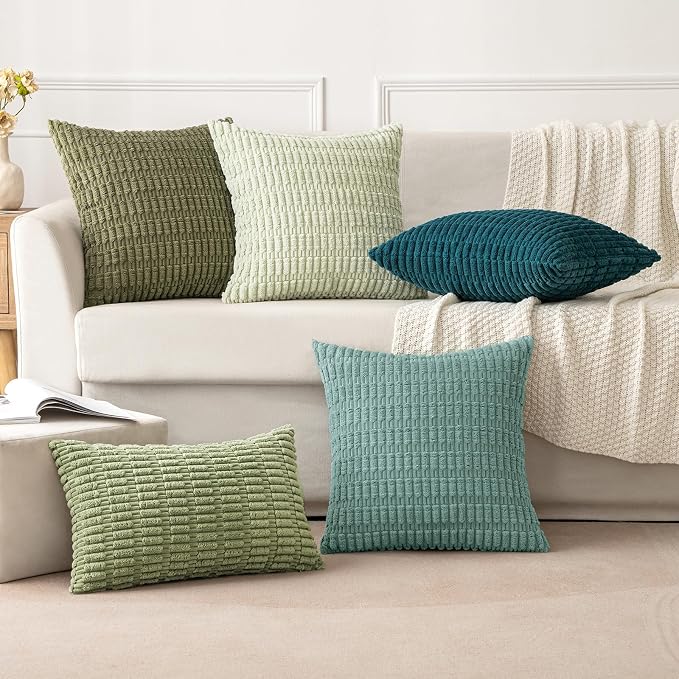 MIULEE Corduroy Decorative Throw Pillow Covers 16x16 Teal Green Pack of 2 | Soft Boho Striped Pillow Covers Modern Farmhouse Home Decor For Sofa Living Room Couch Bed
