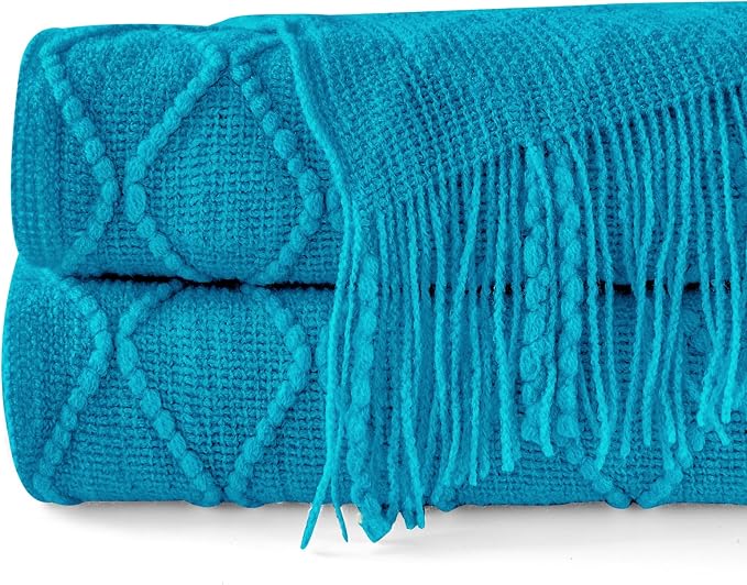 inhand Teal Knitted Throw Blanket for Couch and Bed, 50"x60" | Soft Living Room Home Decor Knitted Blanket, Tassel, Outdoor Lightweight Breathable Summer, Farmhouse Warm Woven Decorative