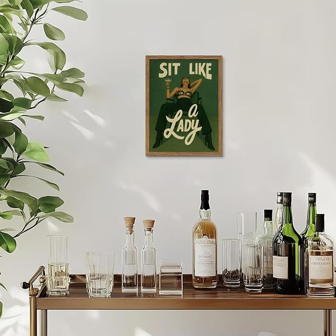 Framed Feminist Wall Art, Vintage Sit Like a Lady Green Wall Decor, Bold Girl Power Feminine Poster Print, Retro Empowering Female Canvas Painting Aesthetic for Bedroom Dorm 16x24 inch