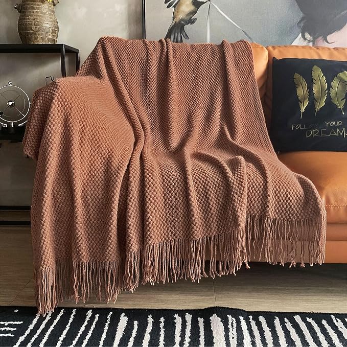 LOMAO Knitted Throw Blanket with Tassels Bubble Textured Lightweight Throws for Couch Cover Home Decor (Caramel, 60x90)