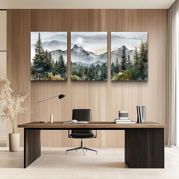 MHARTK66 3 Piece Framed Canvas Art Prints Wall Art for Living Room Modern Wall Decor for Bedroom Office Decor Abstract Mountain Forest Landscapes Ink Painting Ready to Hang Wall Pictures Home Decor