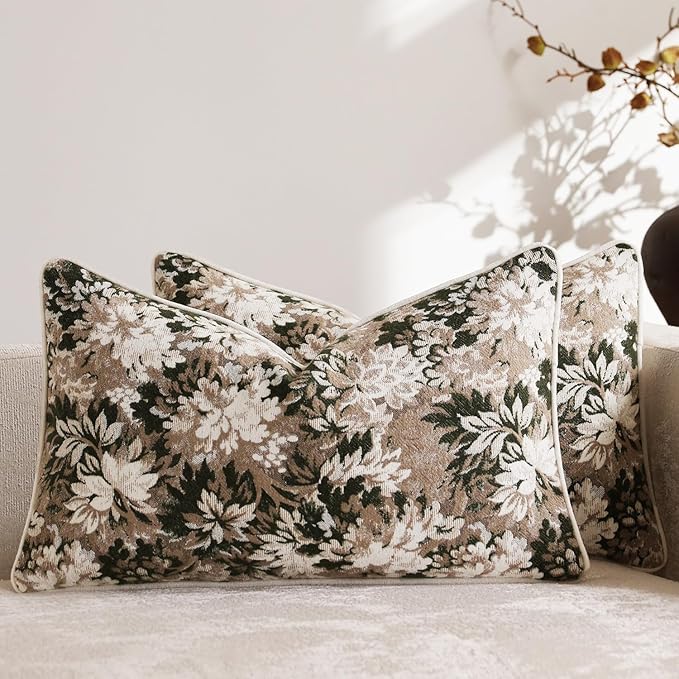 Pack of 2 Vintage Floral Pillow Covers 12x20 Boho Farmhouse Accents Chenille Rectangular Lumbar Decorative Throw Pillow Cases for Living Room Couch Bed Home Decor, Green and Taupe