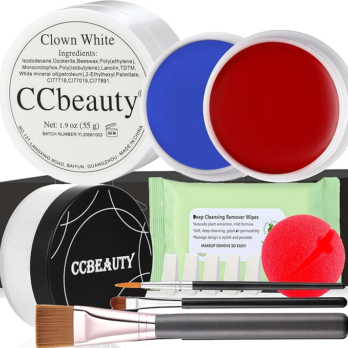 CCbeauty Clown Makeup Kit, Pro Large White(1.9Oz) Blue Red Face Body Paint Cream+Setting Powder+Red Nose+3 Brushes+5 Sponges, All-in-one for Joker Halloween Special Effects SFX Cosplay Costume Parties
