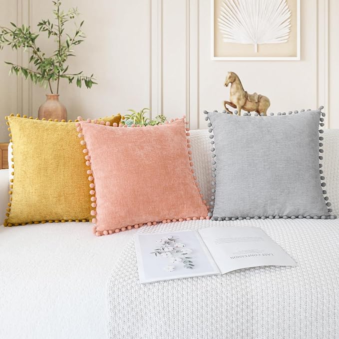 CaliTime Decorative Couch Throw Pillow Covers 20 X 20 Inches Dusty Pink | Pack of 2, Cozy Chenille Cushion Cases, with Pom Poms for Sofa Bed Living Room Farmhouse Home