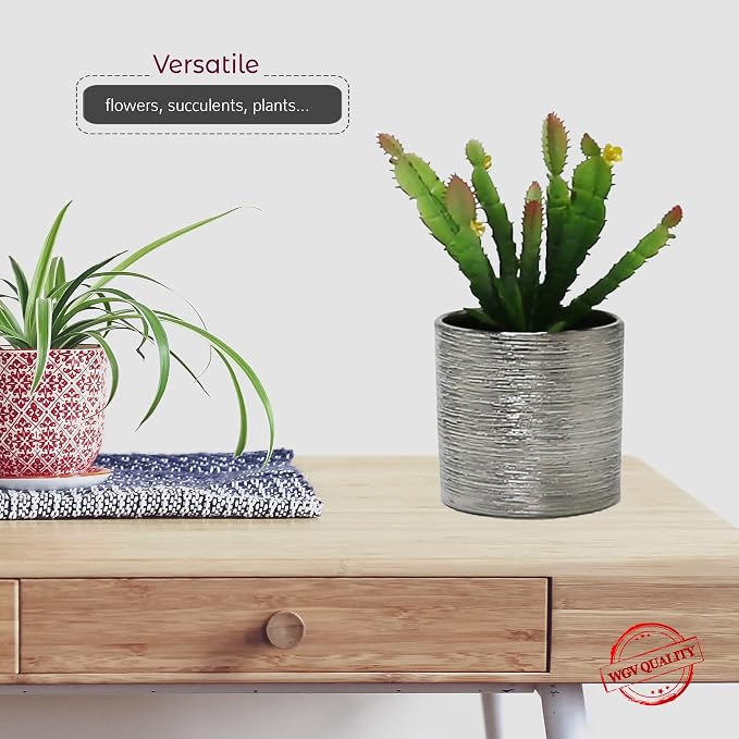 WGVI Silver Etched Ceramic Cylinder Vase Width 3.75" Height 4", Flower Arrangements, Candle Holder, Terrarium Planter Pot, Storage Container Organizer, Pen Brush Holder, Scratched Texture, 24 Pcs