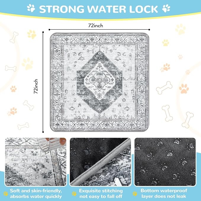 Lahome Extra-Large Washable Dog Pee Pads (72"x72") - Super Absorbent & Waterproof - Leakproof Reusable Mat for Playpens, Beds & Whelping , Convenient Cleanup,Gray