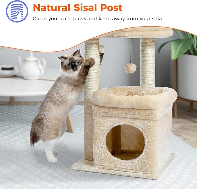 PEQULTI Indoor Cat Tree Tower Small Cats, Sisal Post & Cozy Condo, Beige | Private soft cat condo, soft top perch, natural sisal scratch posts, plush pom-pom toy for indoor kitties