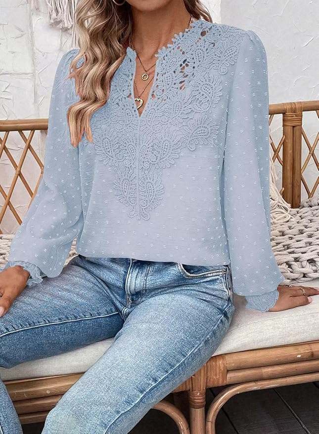 Womens Tops Swiss Dot Boho Long Sleeve Shirts V Neck Casual Chiffon Blouses Flowy Lace Hem Cute Clothing Trendy 2026