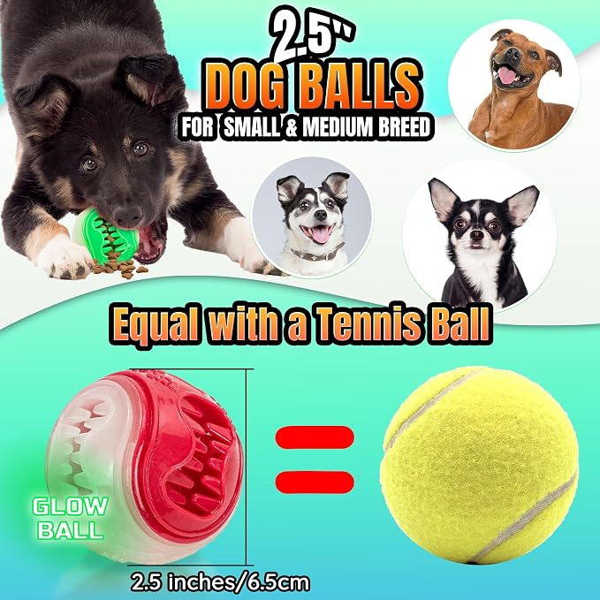 LECHONG 6-Pack Dog Treat Balls, 3-in-1 Glow in the Dark Squeaky Treat Dispenser Ball Toys for Dog, Interactive Durable Rubber Teething Fetch Ball for Small Medium Dogs to Keep Them Busy 2.5in
