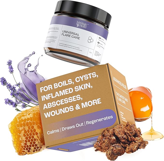 MyMagicHealer Universal Flare Care | Drawing Salve for HS, Boils, Cysts, Hemorrhoids, Pilonidal Cyst, Abscess | Anti-Chafing, Wound Care, Relief for Itching Skin w/Propolis & Egg Yolk Extract 2 oz