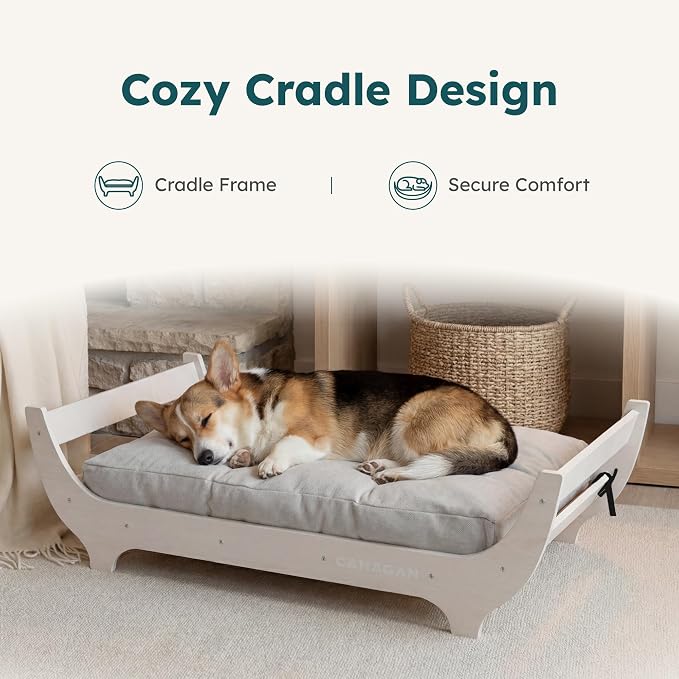 CANAGAN Elevated Wood Dog Bed Frame with Cushion, MaplePattern, Large | Raised Dog Couch Bed with Washable Cover and Plush PP-Filled Cushion, Furniture-Style for Indoor Living