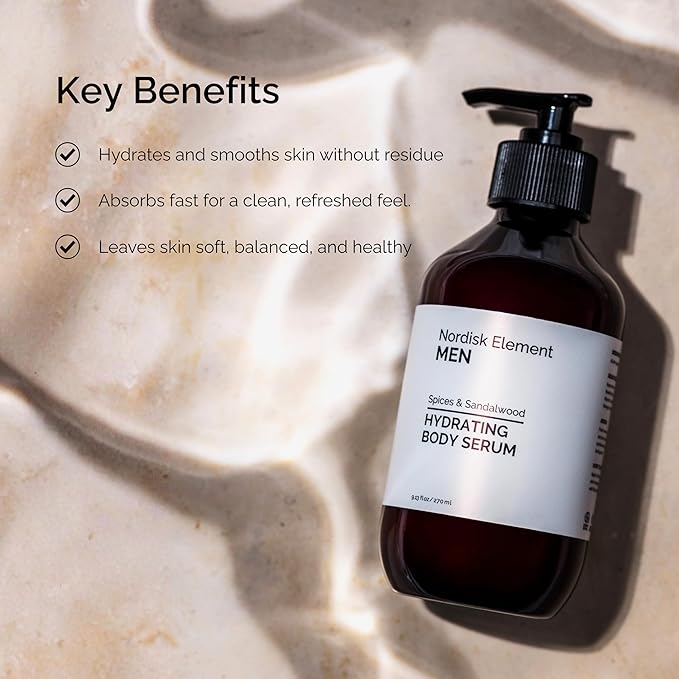 Nordisk Element Men Body Serum with Antioxidants & Nordic Botanicals | Deep Hydration & Skin Barrier Repair | Hyaluronic Acid Body Serum | Paraben & Phthalate Free | Spices & Sandalwood 9.13 Fl Oz