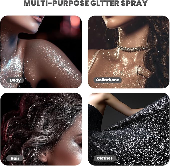 Body Glitter Spray Holographic Silver Glitter Hairspray Shiny Spray for Body Hair Clothes, Quick-Drying Long Lasting Shimmer Makeup for Music Festival Rave Prom Party (4.22 Fl Oz, Silver)
