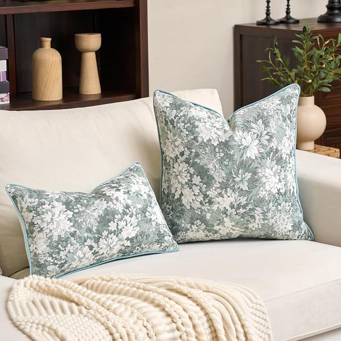 Alerfa Light Blue Neutral Floral Pillow Cover 12 x 20 Inch, Vintage Chenille Rectangle Couch Pillow Cover Soft Decorative Farmhouse Accent Pillowcase for Living Room Bedroom