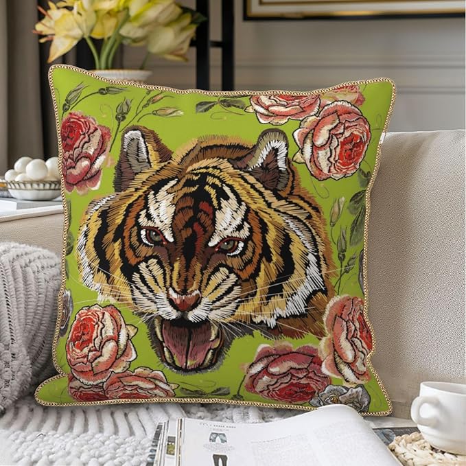 Tiger Flower Green Velvet Pillow Covers 16x16 Inch Pink Floral Animal Throw Pillows for Couch Cushion Covers Pillowcase Farmhouse Modern Pillow Cases for Sofa Bed Living Room Bedroom