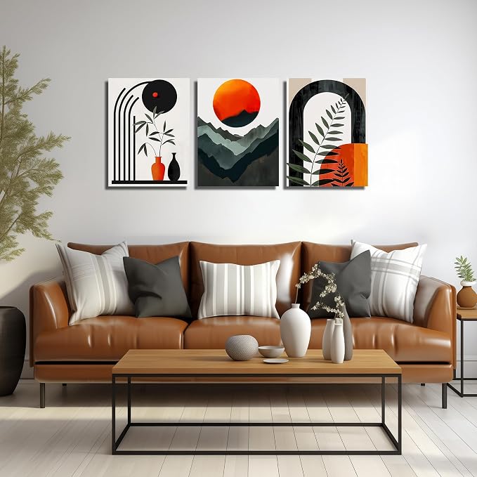 DNIEOTU Bohemian Wall Art for Living Room, Boho Geometric Shapes Canvas Wall-Decor for Bedroom, Minimalist Mountain and Moon Picture Prints, Size 16 x 24 Inches 3-Pieces