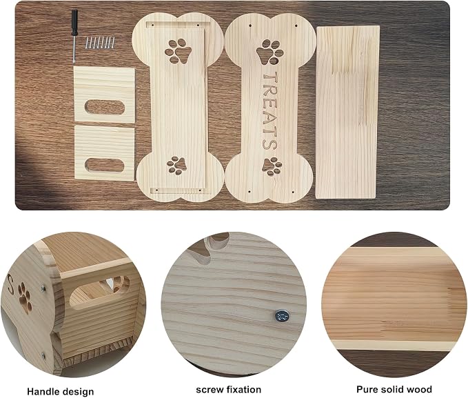 Dog Treat Storage Containers with 3 Plastic Jars Wooden Pet Food Dispenser DIY Painting on Wood for Dogs Puppies Food Storage Solution Kitchen Space-Saving and Gift for Dog Owners