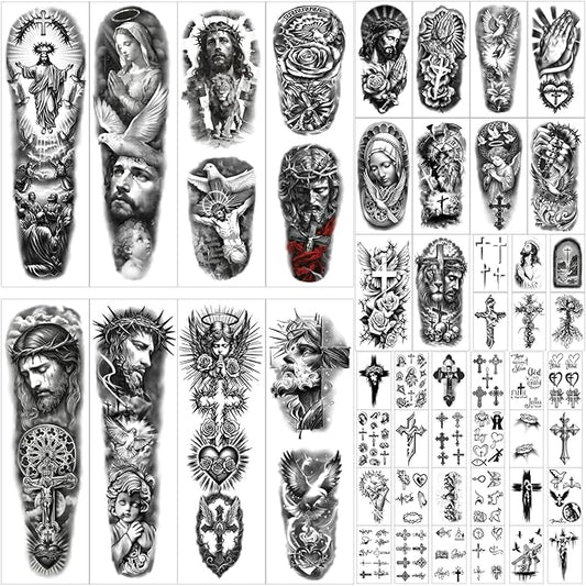 48 PCS Large Christian Temporary Tattoos Stickers Adult Men Women Kids Full Half Arm Sleeve Jesus Cross God Christ Catholic Religious Realistic Body Shoulder Arm Fake Tattoos Stickers Waterproof